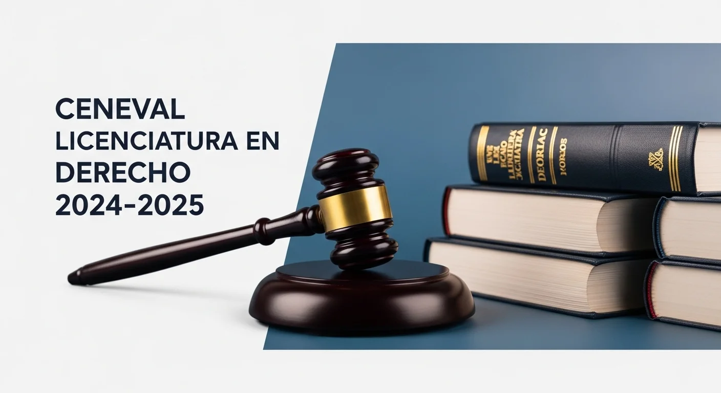 Primer plano de un mazo y libros de leyes, representando el examen ceneval licenciatura en derecho 2024.