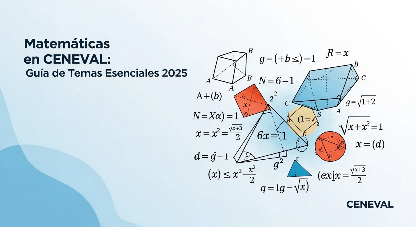 Una composición gráfica que muestra elementos de álgebra, como ecuaciones, y de geometría, como figuras y ángulos, relevantes para la prueba CENEVAL.