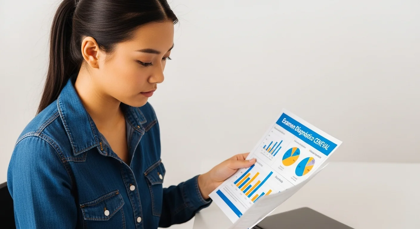 Una persona analizando una hoja de resultados de un examen diagnóstico CENEVAL, con gráficos de barras y circulares mostrando el rendimiento por área.