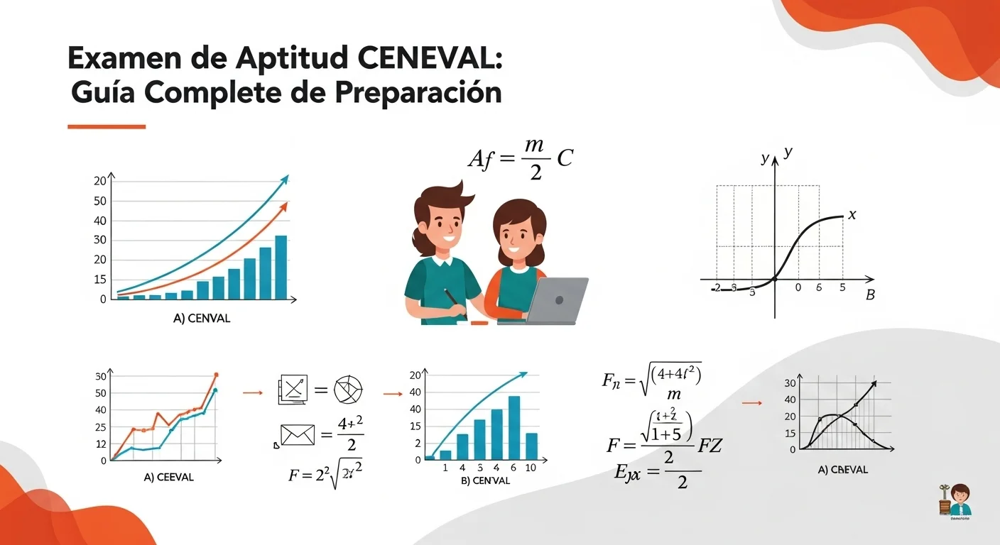 Infografía con gráficos y fórmulas matemáticas representando el contenido del examen de aptitud matemática CENEVAL.