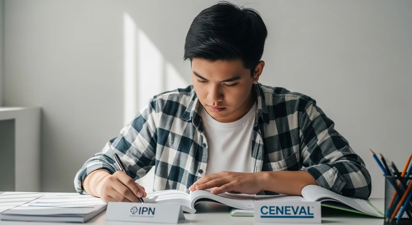 Joven aspirante concentrado estudiando para el examen de admisión de la Politécnica, con guías del IPN y CENEVAL sobre la mesa.