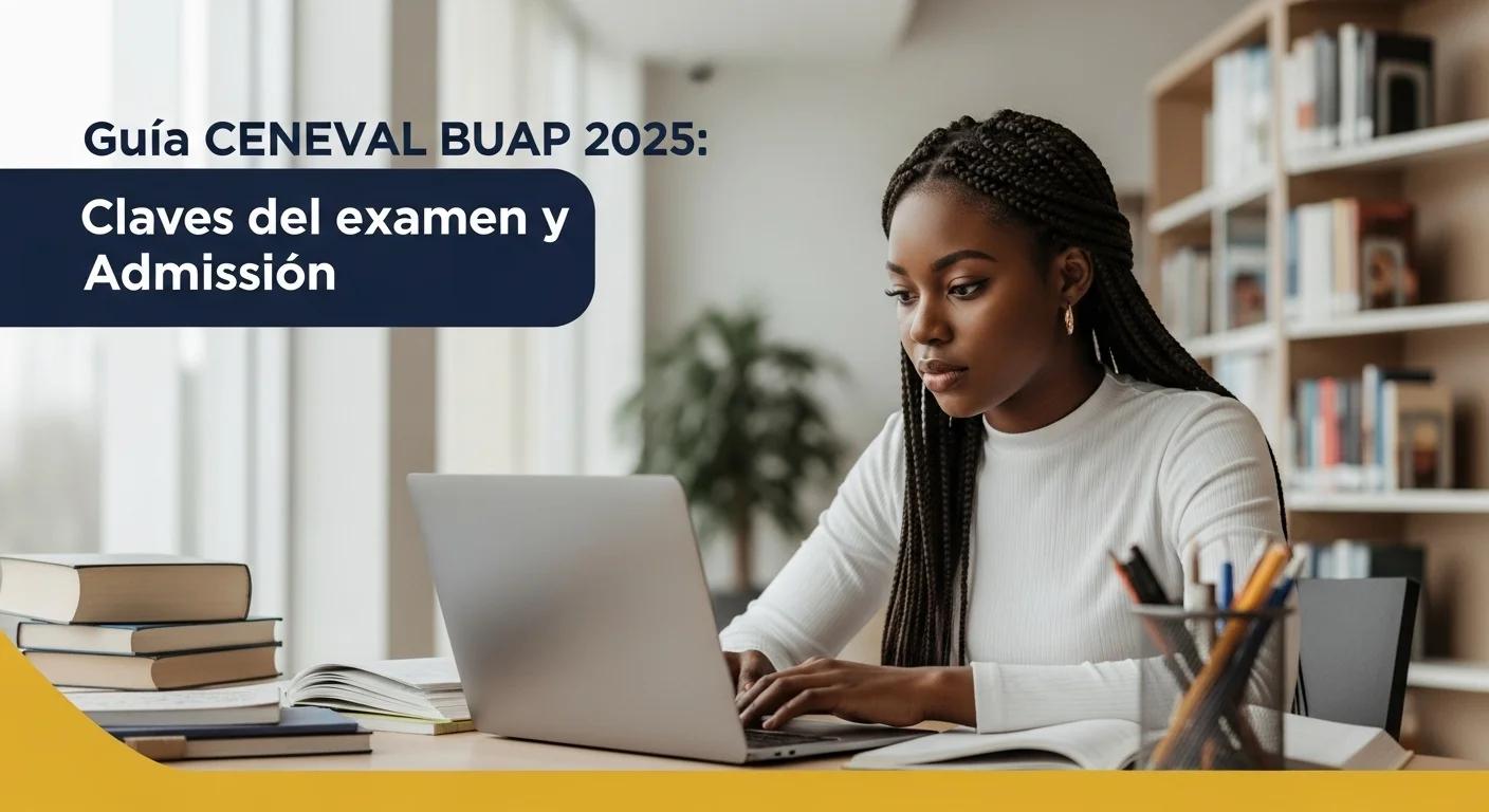 Estudiante concentrado realizando el examen de admisión CENEVAL BUAP en una computadora, simbolizando la preparación y el esfuerzo.
