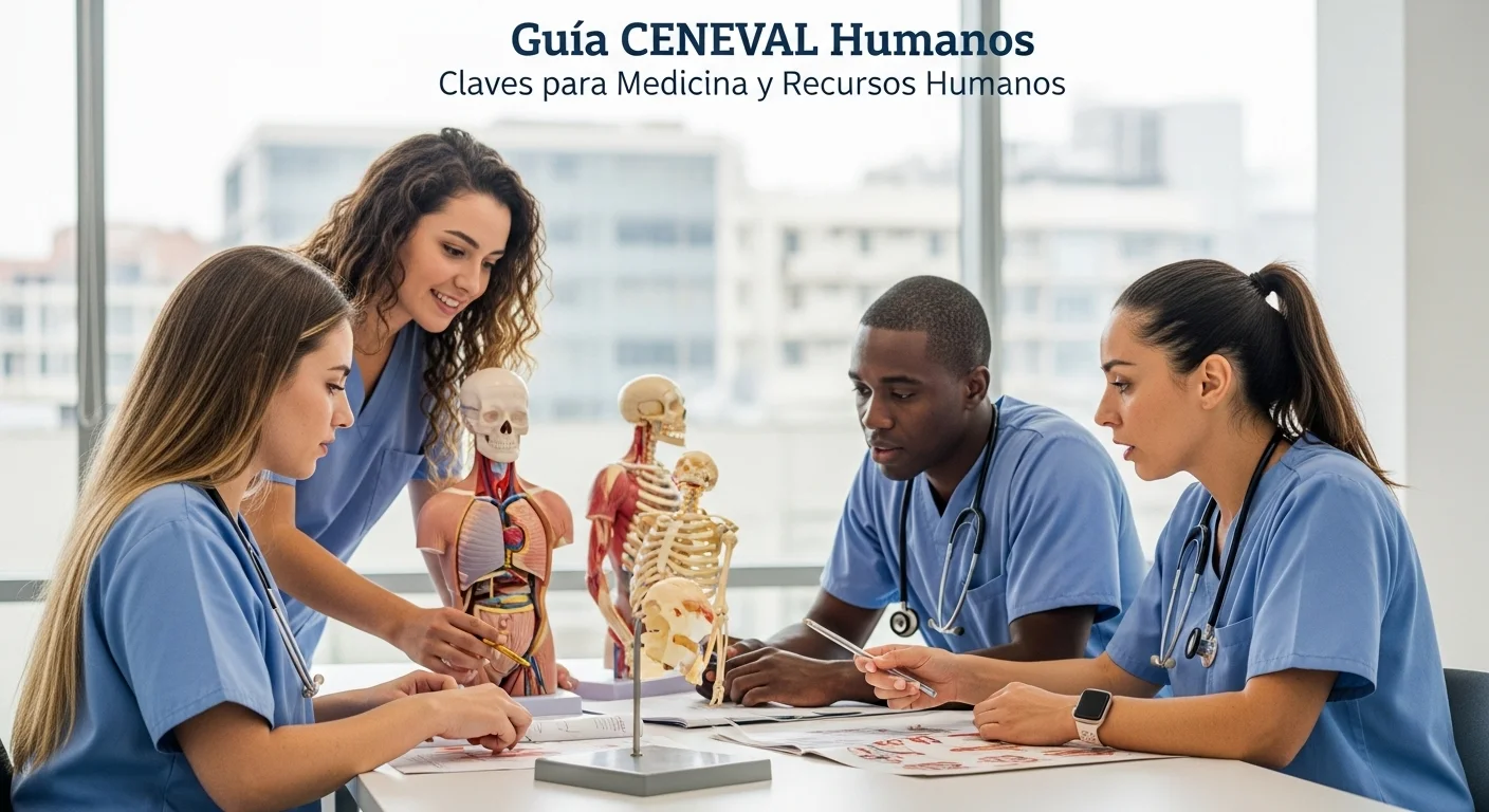 Grupo de aspirantes a medicina estudiando anatomía para su examen de admisión CENEVAL.