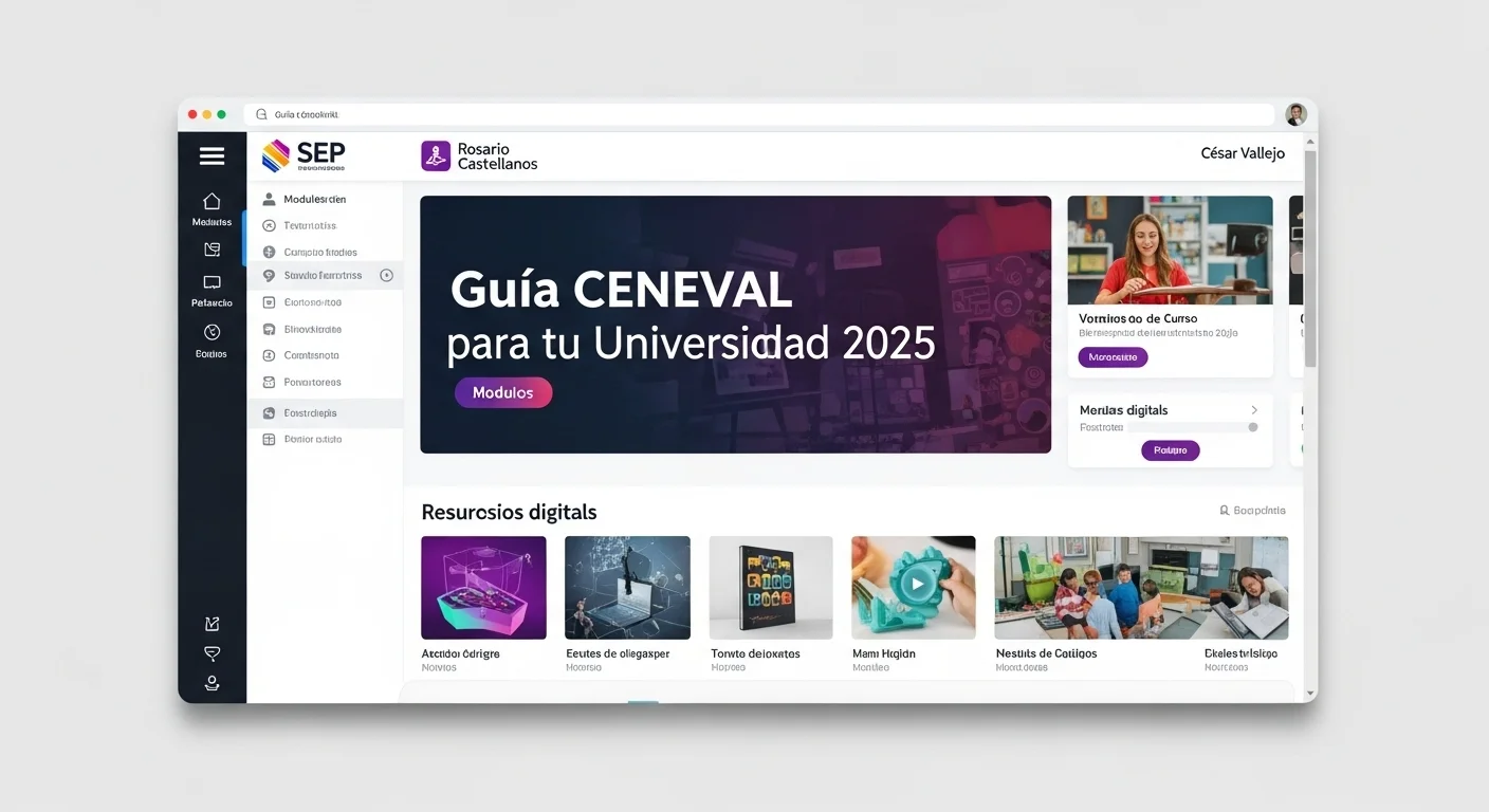 Interfaz de un campus virtual de una universidad en línea, mostrando módulos de cursos, foros de discusión y recursos digitales. Se ven los logos de SEP, Rosario Castellanos y César Vallejo.