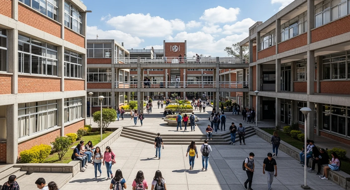 Vista panorámica del campus Zacatenco del Instituto Politécnico Nacional, mostrando la arquitectura y ambiente estudiantil de la universidad politécnica.