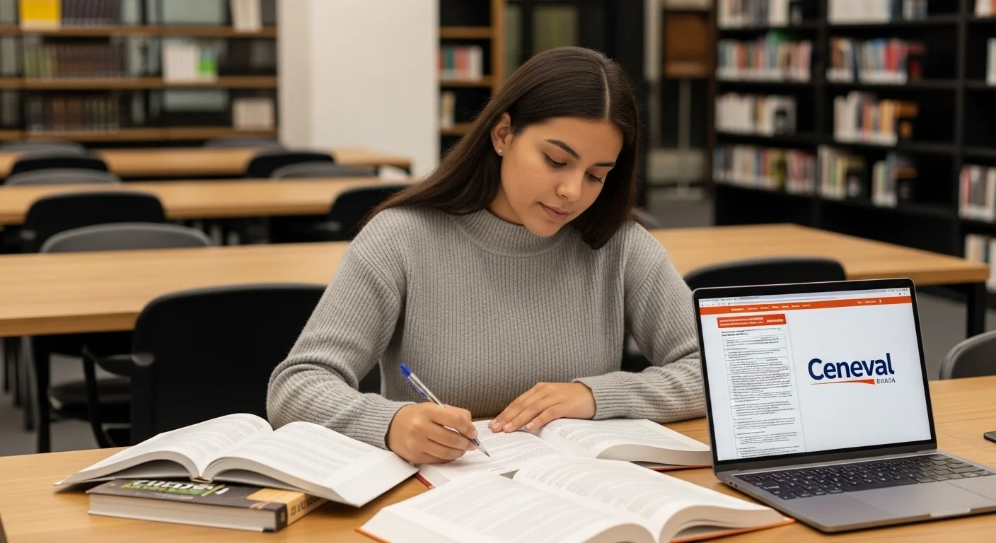 Estudiante preparándose para el examen Ceneval Exani 1, con libros y laptop mostrando el logo de Ceneval.