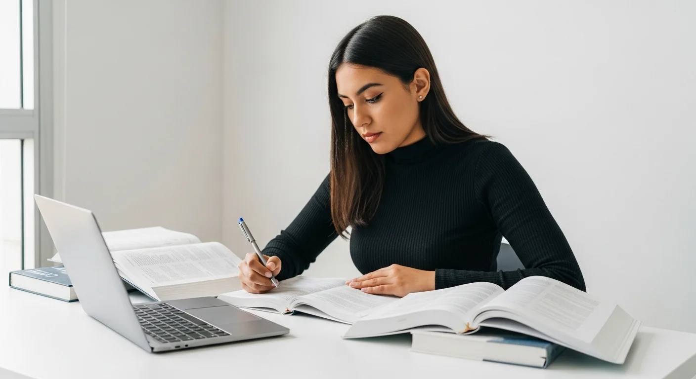 Estudiante de odontología preparando el examen Ceneval Odontologia con libros y una laptop abierta.
