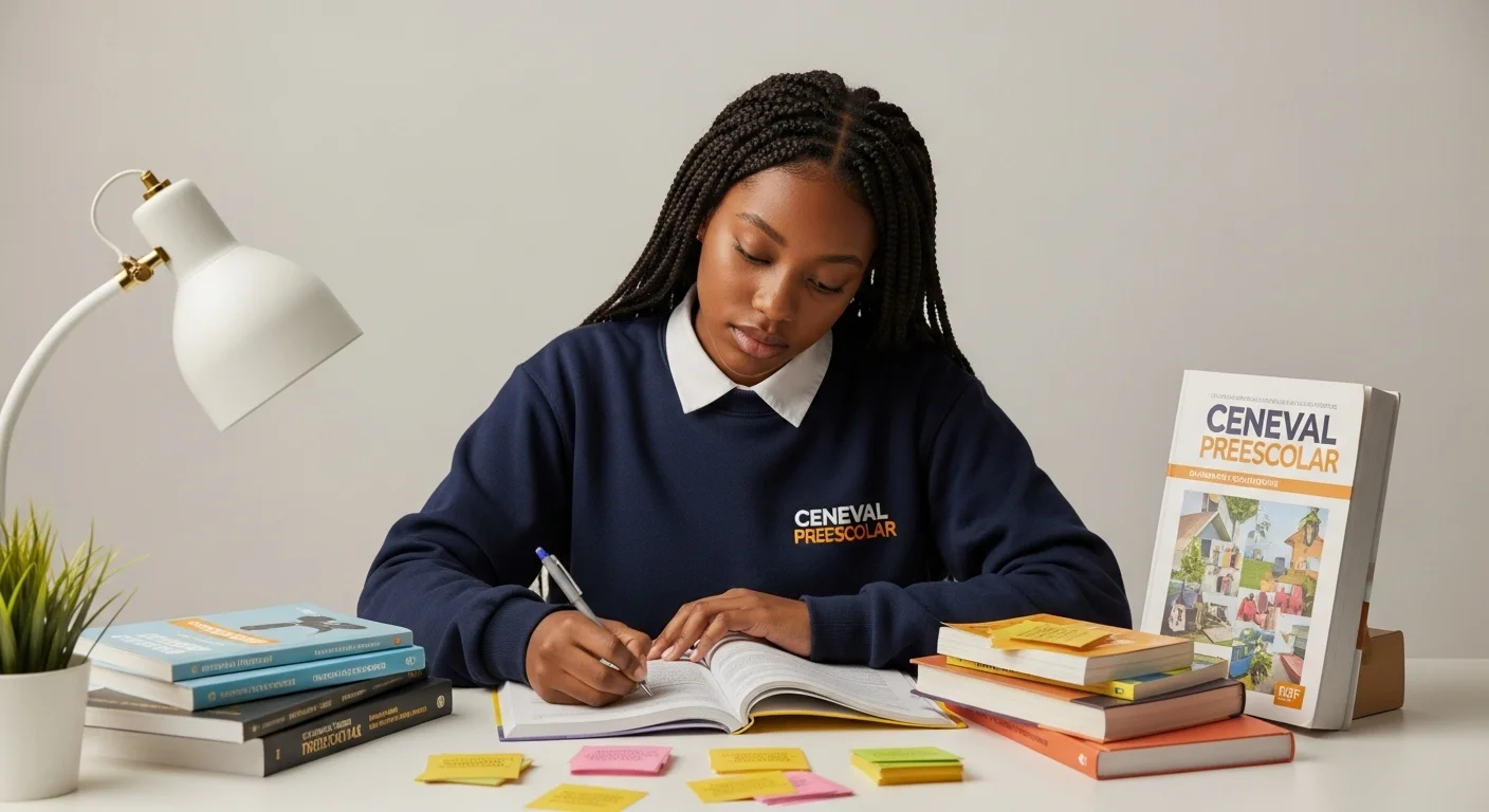 Una estudiante se prepara diligentemente para el examen Ceneval Preescolar, rodeada de libros y guías de estudio.