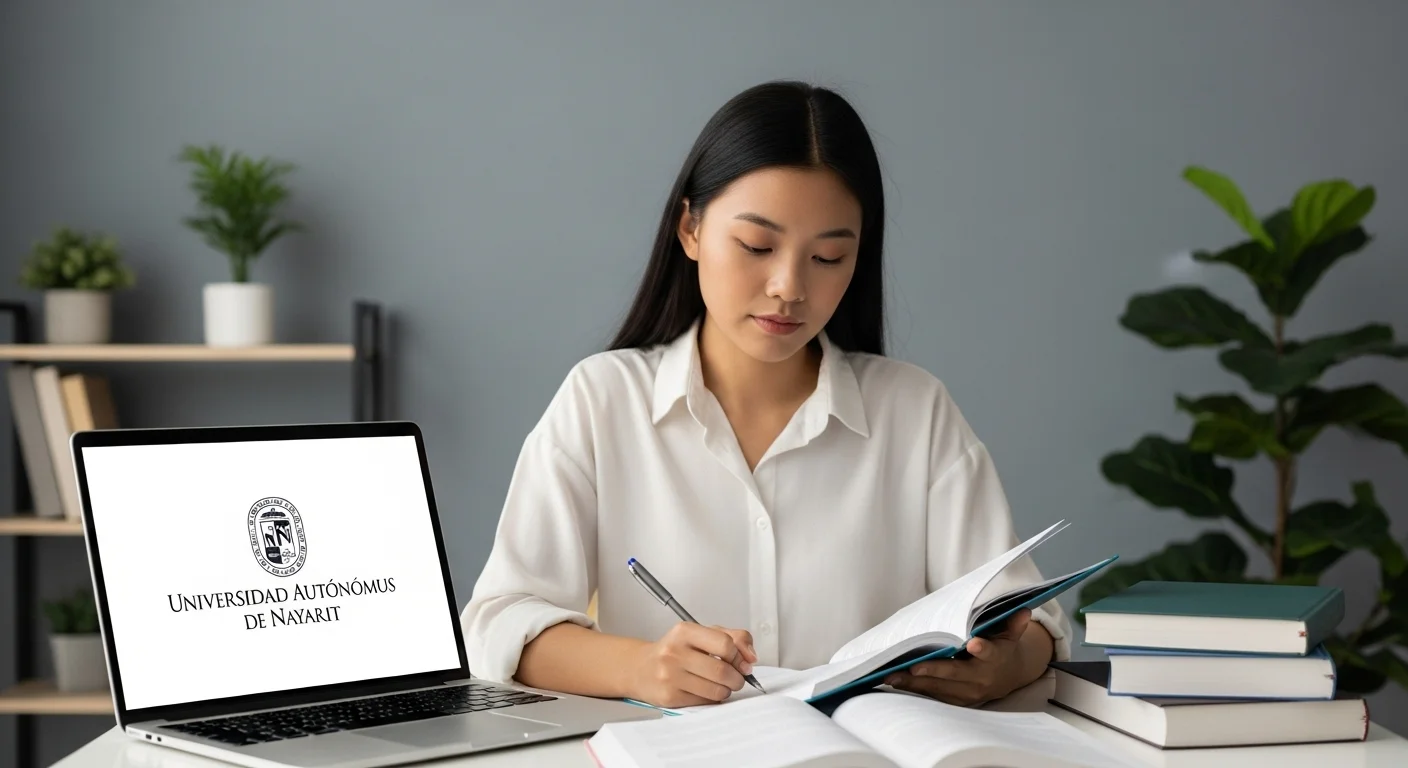 Estudiante preparándose para el examen Ceneval UAN, con libros y una laptop mostrando el logo de la Universidad Autónoma de Nayarit.