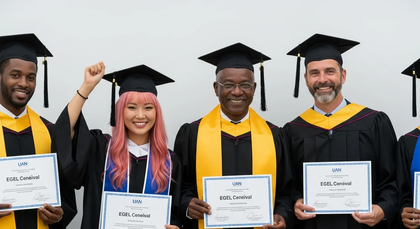 Grupo de egresados de la UAN celebrando su titulación tras aprobar el examen EGEL Ceneval, mostrando sus reconocimientos.