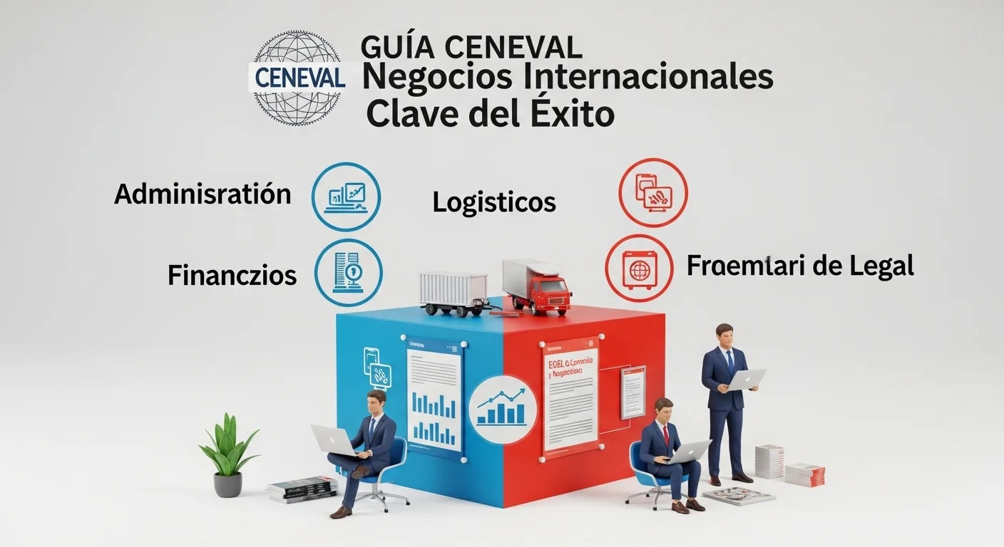 Gráfico conceptual mostrando las áreas del EGEL de Comercio y Negocios Internacionales: administración, logística, finanzas y marco legal.