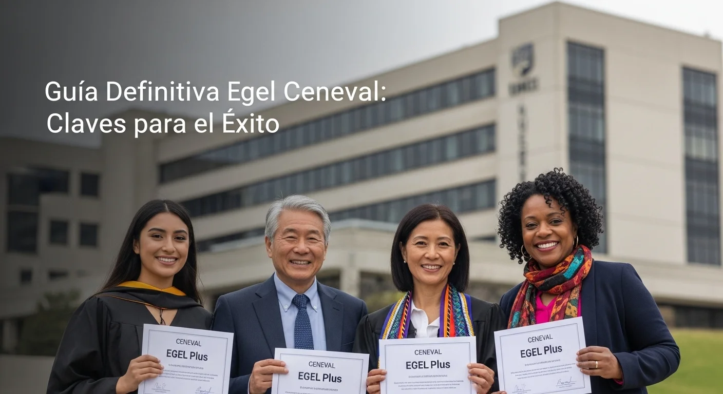 Un grupo diverso de egresados felices mostrando sus testimonios de desempeño del Ceneval Egel Plus frente a su universidad.