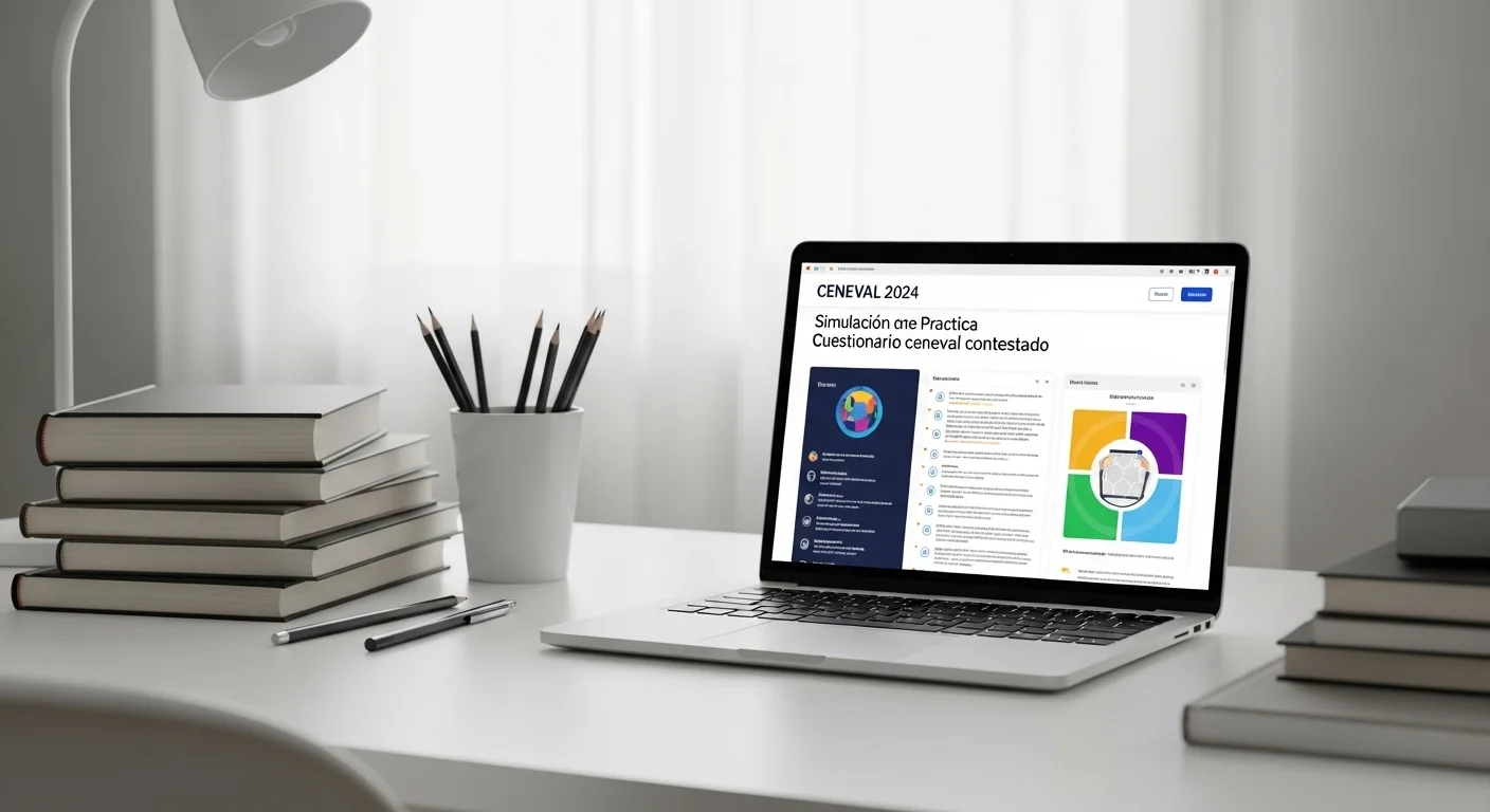 Un escritorio organizado con libros, una laptop mostrando un simulador del examen CENEVAL 2024, destacando el método de estudio sobre la búsqueda de un examen ceneval contestado.