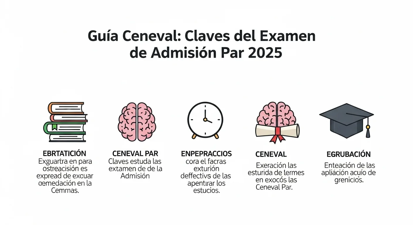 Infografía con íconos de libros, cerebro, reloj y birrete, simbolizando las estrategias de estudio para el examen de admisión par del CENEVAL.