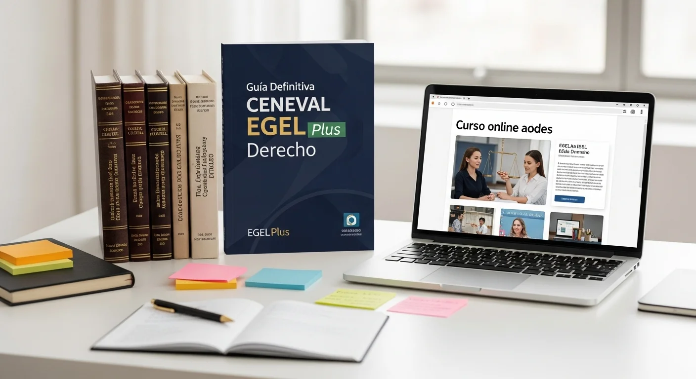 Escritorio de estudio con la guía del CENEVAL EGEL Plus Derecho, códigos legales, notas y una laptop mostrando un curso en línea sobre el EGEL de Derecho.