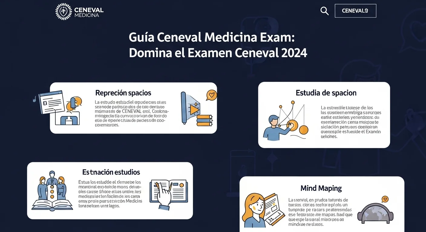 Infografía con estrategias de estudio para el examen ceneval de medicina, mostrando técnicas como la repetición espaciada y los mapas mentales.