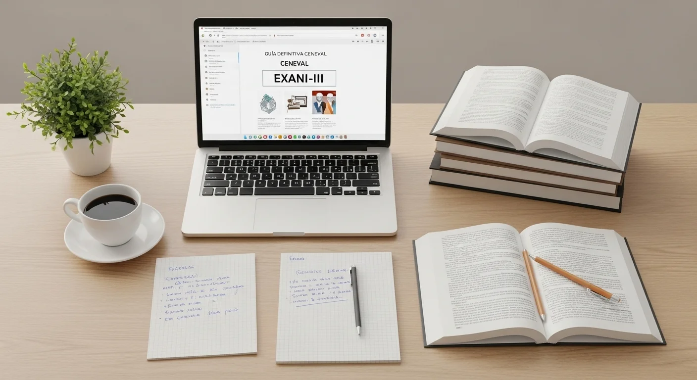 Una mesa de estudio con libros, una laptop mostrando un examen en línea, notas y un café, simbolizando las estrategias para el EXANI-III