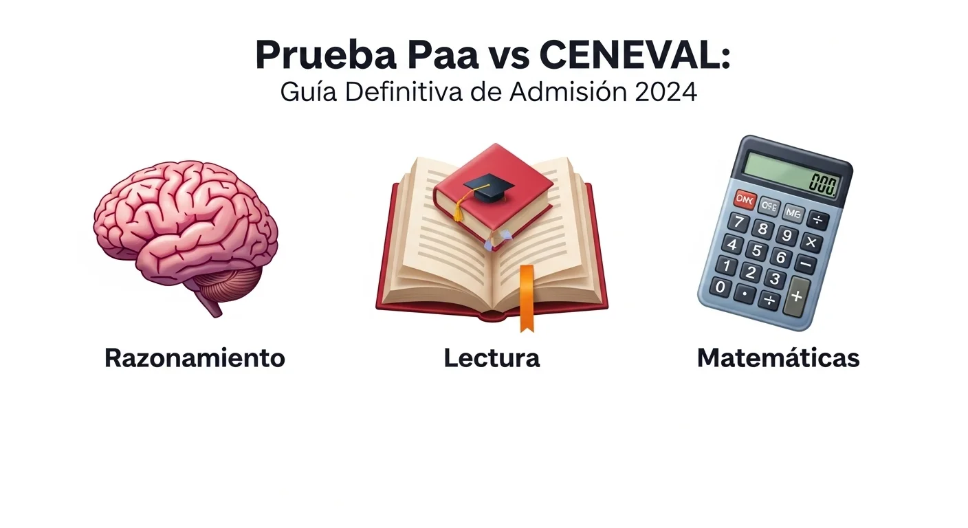 Infografía con íconos representando las secciones de la Prueba Paa: cerebro para razonamiento, libro para lectura y calculadora para matemáticas.