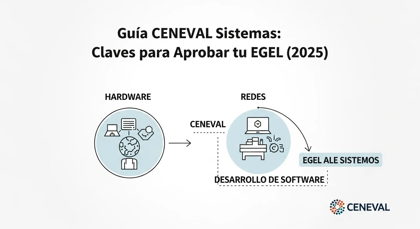 Infografía clara que muestra las áreas principales del examen EGEL de Sistemas Computacionales: Hardware, Redes y Desarrollo de Software, destacando las palabras clave del CENEVAL.