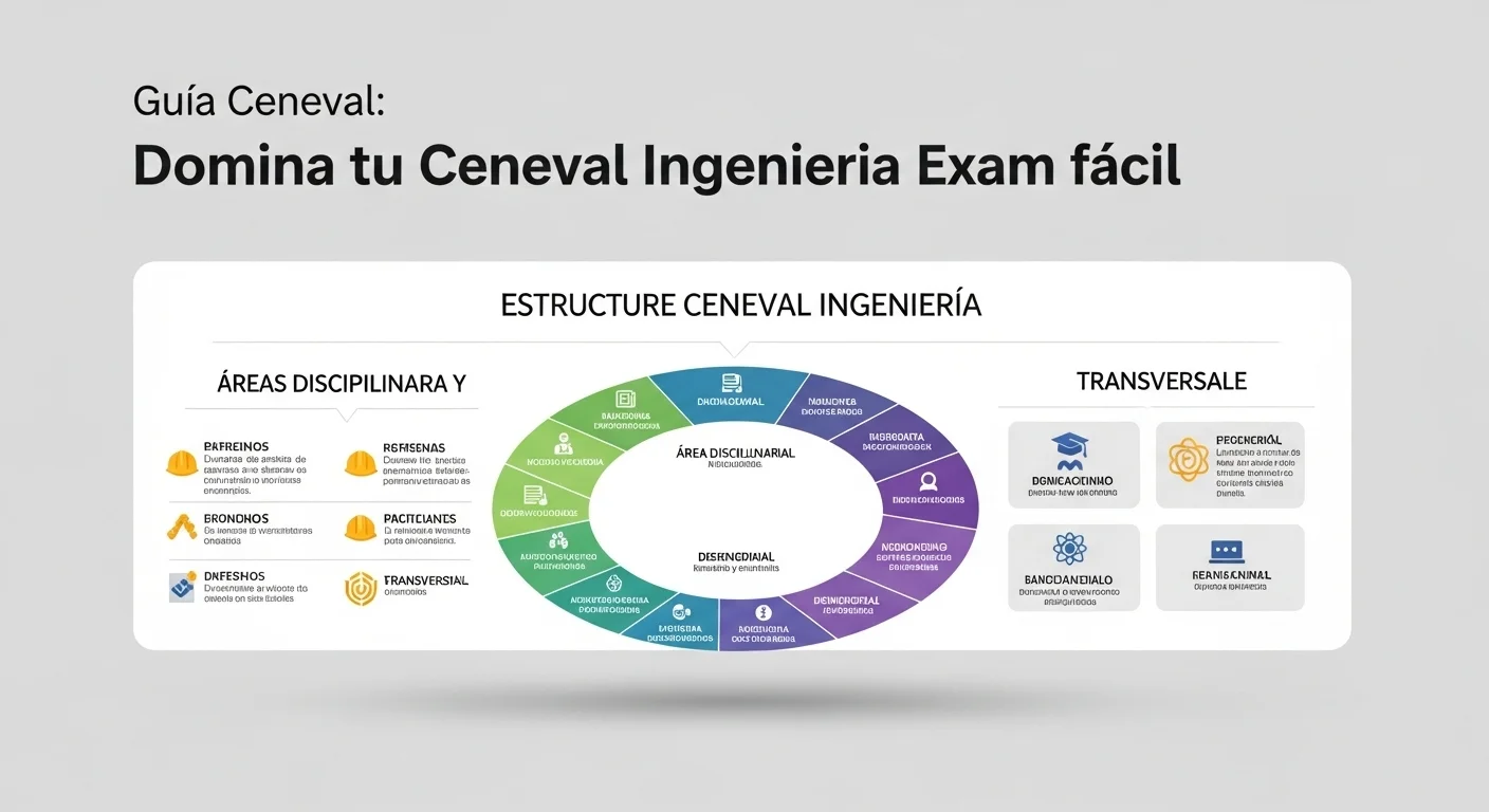 Infografía detallada que muestra la estructura del Ceneval Ingenieria Exam, incluyendo áreas disciplinares y transversales.
