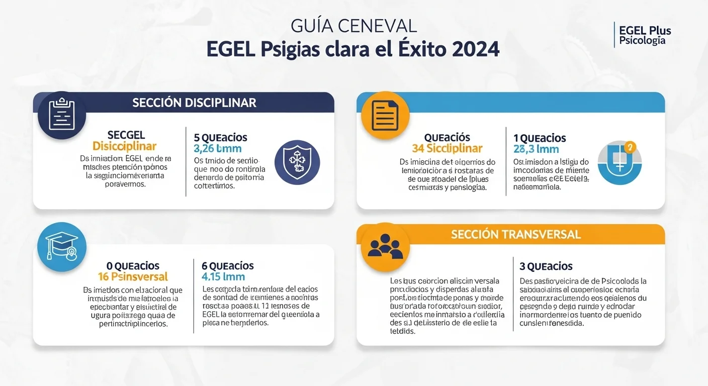 Infografía detallada que muestra la estructura y las diferentes áreas del examen EGEL Plus Psicología 2024, incluyendo la sección disciplinar y transversal.