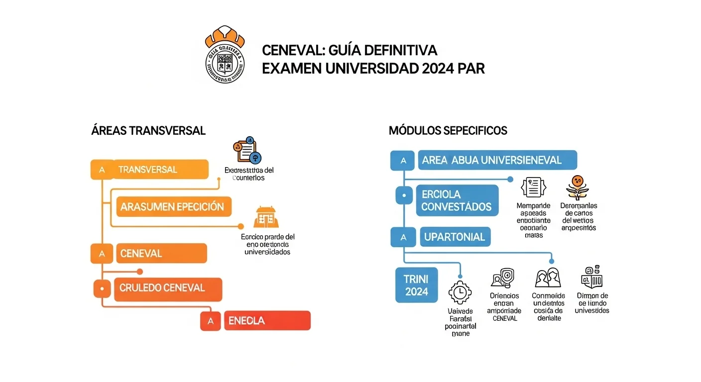 Infografía mostrando la estructura del examen de admisión para la universidad 2024, incluyendo áreas transversales y módulos específicos de CENEVAL.