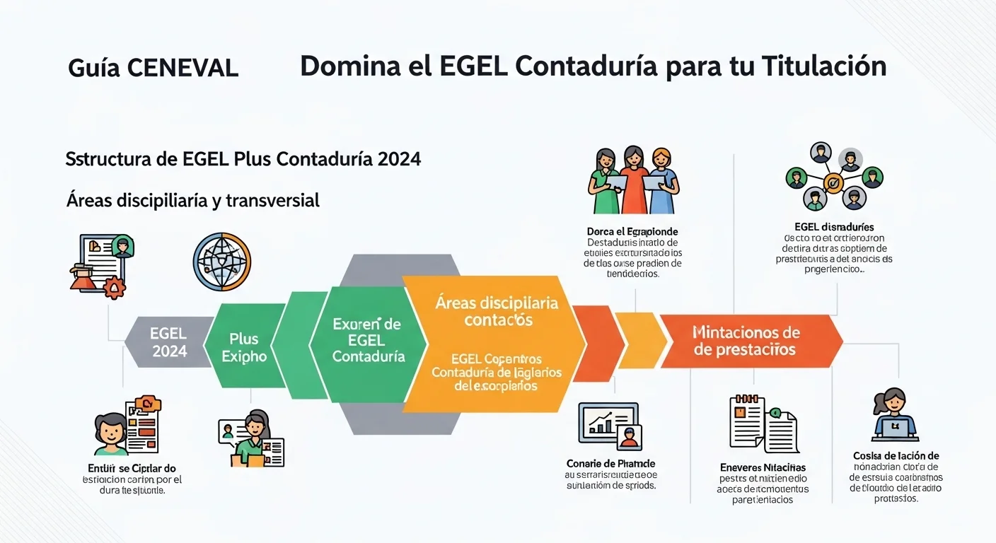 Infografía mostrando la estructura del examen EGEL Plus Contaduría 2024, destacando las áreas disciplinares y transversales.