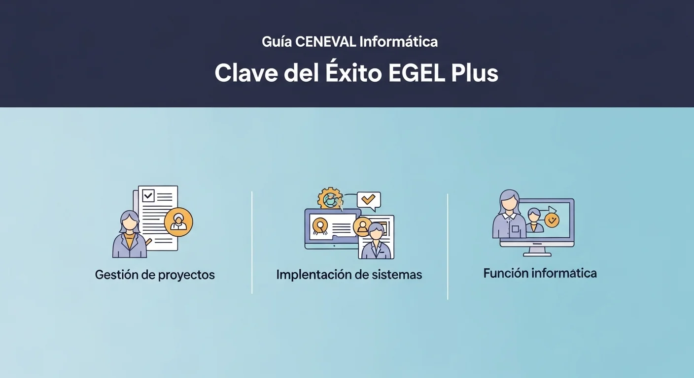 Infografía mostrando las áreas del examen EGEL Plus Informática: gestión de proyectos, implementación de sistemas y función informática.