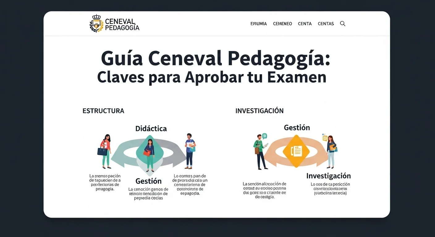 Infografía mostrando la estructura y áreas del examen Ceneval de Pedagogía, incluyendo didáctica, gestión e investigación.