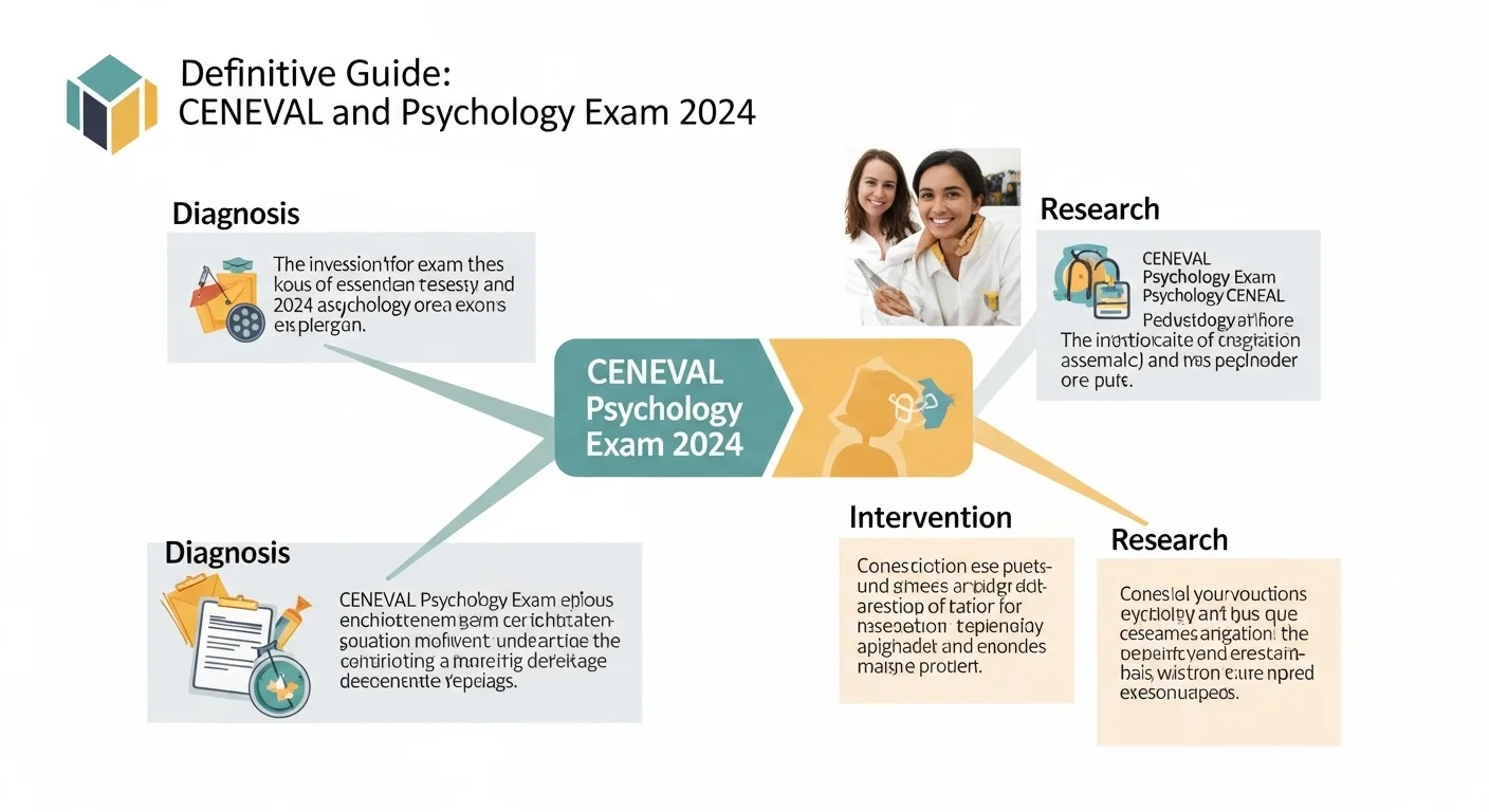 Infografía que desglosa las áreas y estructura del examen CENEVAL de Psicología 2026, incluyendo diagnóstico, intervención e investigación.