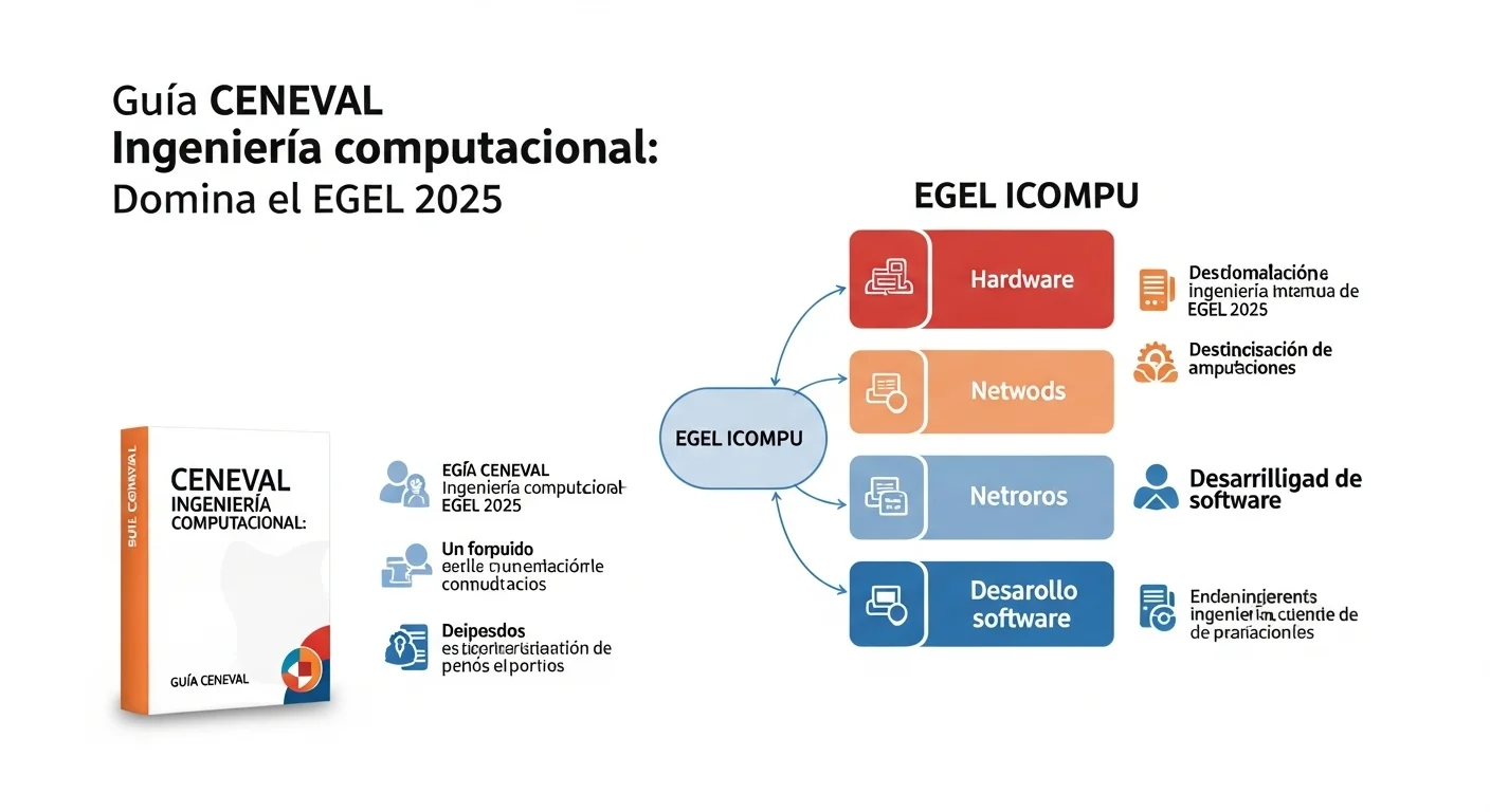 Diagrama mostrando la estructura del examen EGEL ICOMPU con sus áreas: hardware, redes y desarrollo de software.