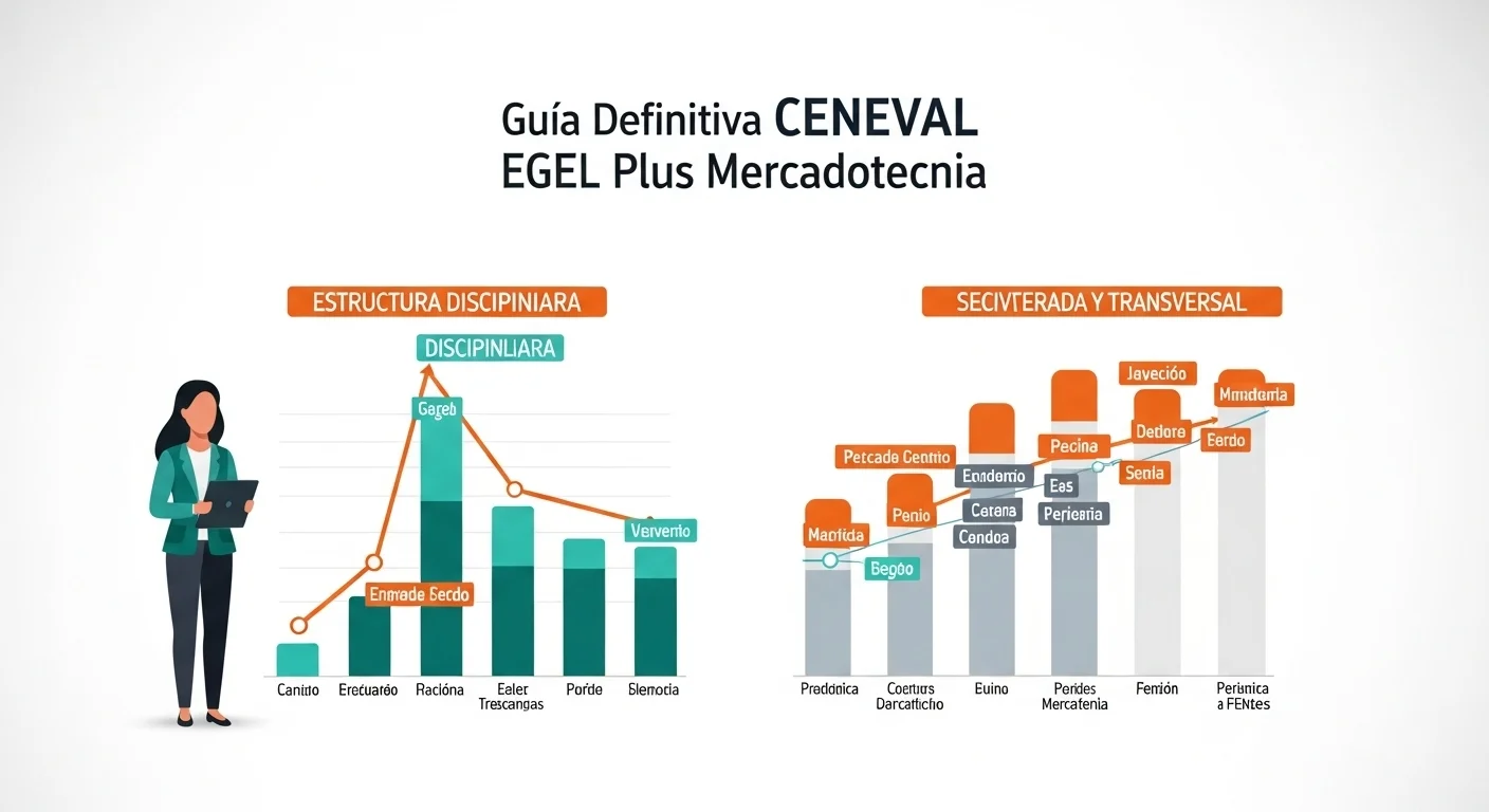 Infografía que muestra la estructura del examen EGEL Plus Mercadotecnia, incluyendo la sección disciplinar y la sección transversal.