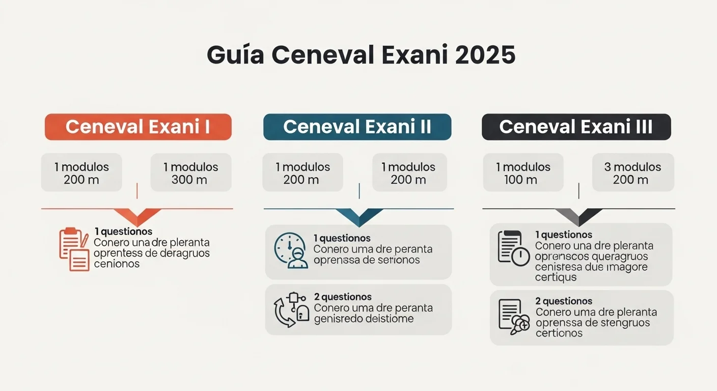 Infografía mostrando la estructura y diferencias entre los exámenes Ceneval Exani I, Ceneval Exani II y Ceneval Exani III.