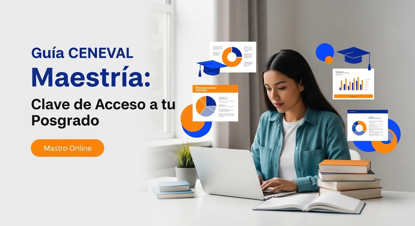 Persona estudiando en una laptop para el examen CENEVAL, con gráficos y libros relacionados a maestrías en línea.