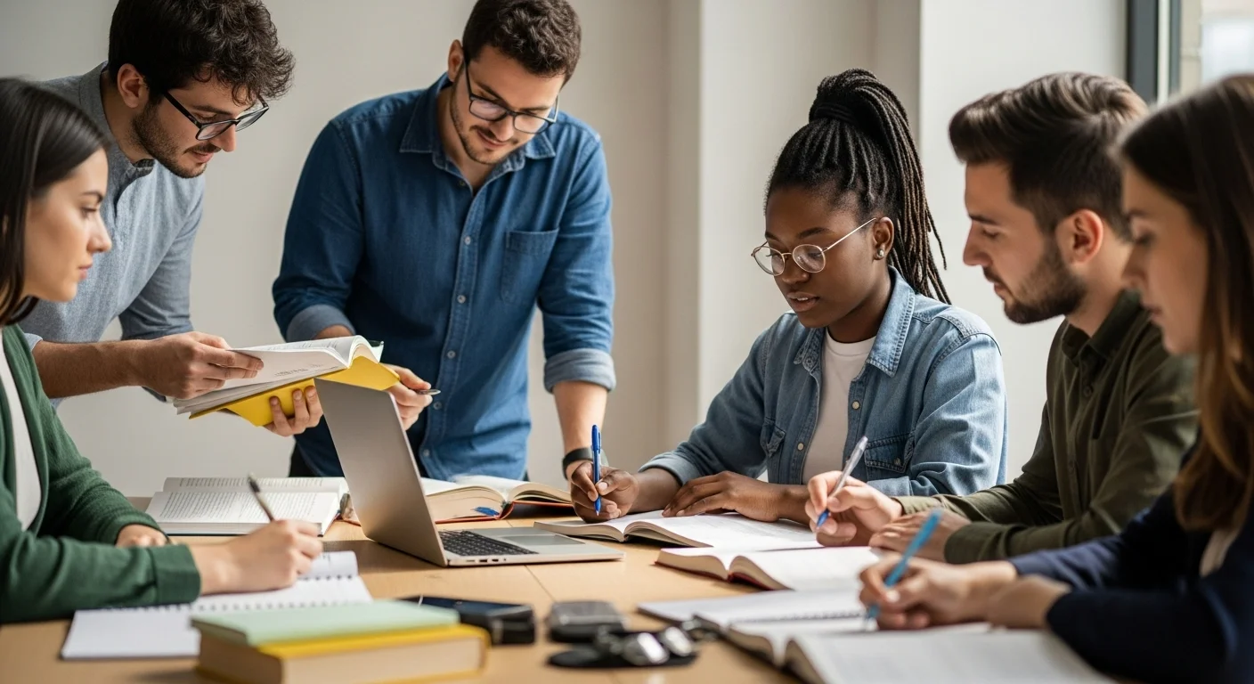 Un grupo de estudiantes colabora en el estudio para el examen egel plus nutricion 2024, revisando guías y apuntes.