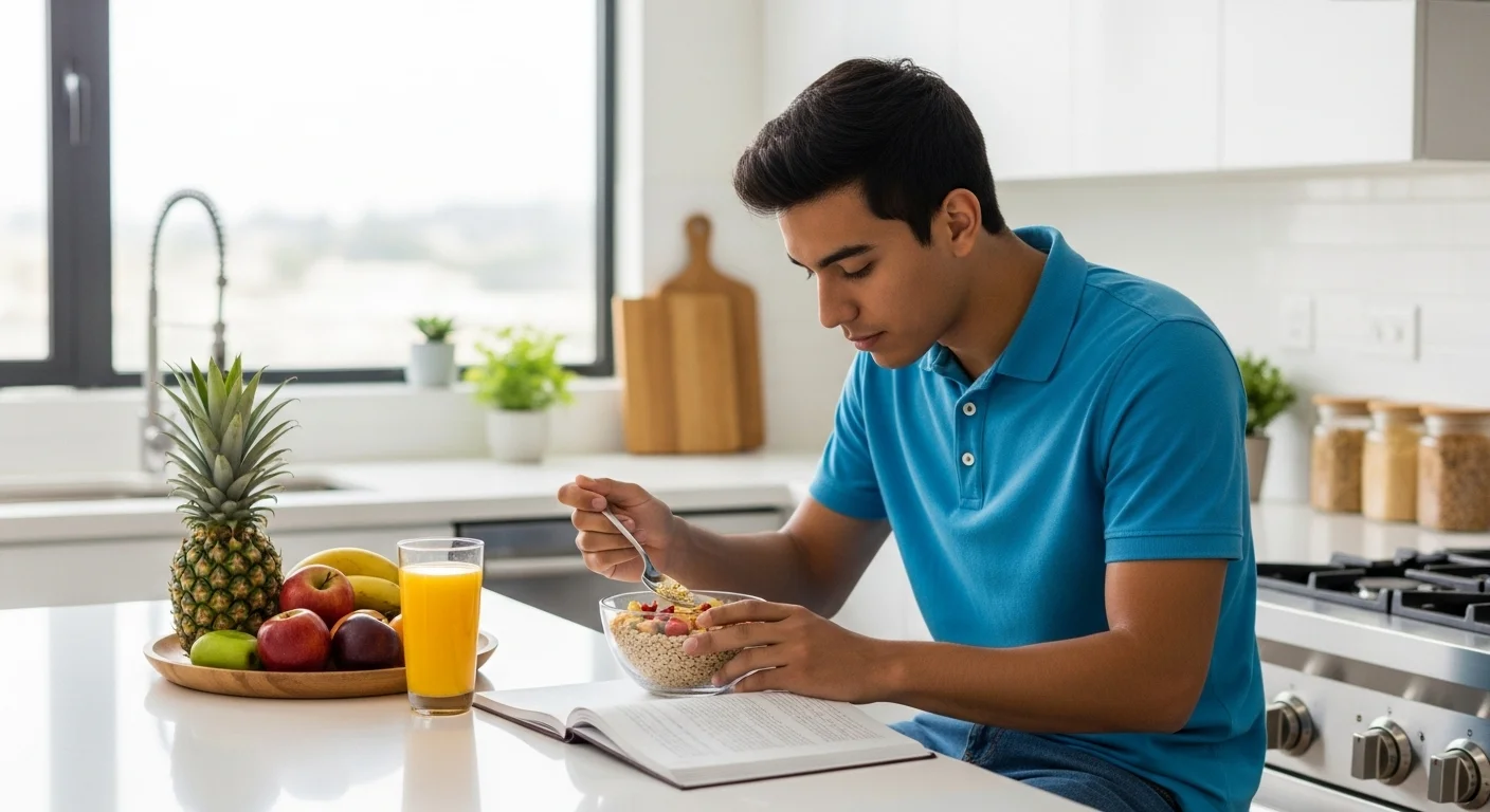 Estudiante concentrado desayunando avena con frutas antes de dirigirse a presentar su examen CENEVAL.