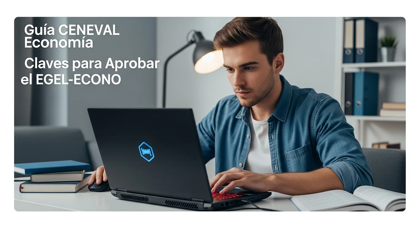 Joven realizando el examen egel economia en una computadora, concentrado en la prueba.