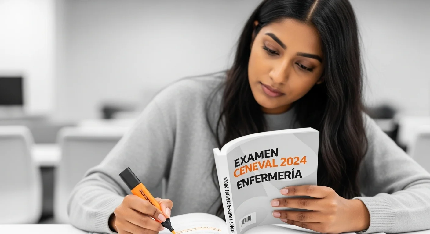 Estudiante de enfermería subrayando una guía de estudio con las palabras clave examen ceneval 2024 enfermeria visibles.