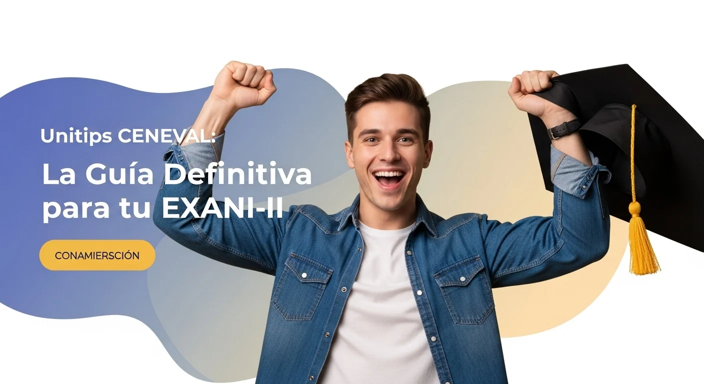 Joven estudiante celebrando su admisión a la universidad después de haber utilizado el curso de Unitips CENEVAL para el EXANI-II.