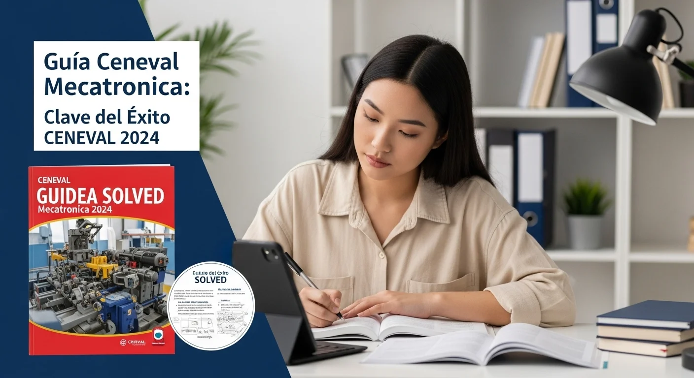 Estudiante de ingeniería mecatrónica estudiando en su computadora para el examen ceneval mecatronica 2024, consultando una guía resuelta.