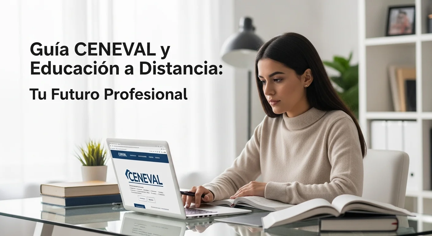Estudiante concentrado frente a una laptop, preparándose para el examen CENEVAL con recursos para una universidad a distancia.
