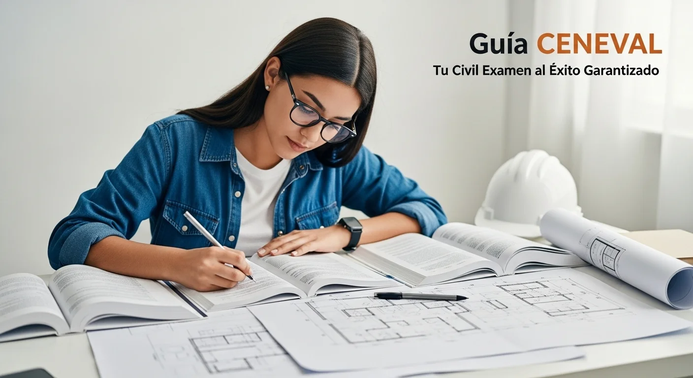 Estudiante de ingeniería civil estudiando para el examen de admisión ceneval con libros y planos.