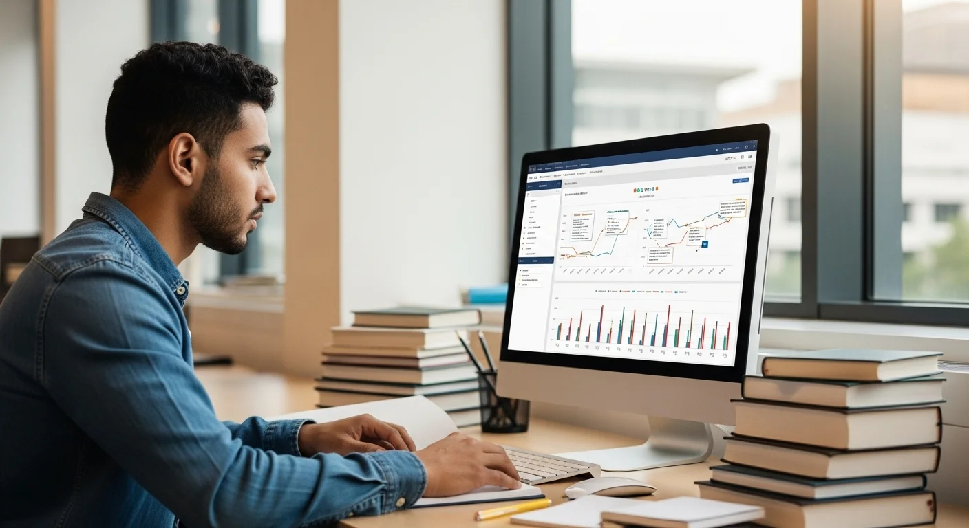 Estudiante analizando un gráfico en una computadora como parte de su preparación para un multirreactivo del examen CENEVAL.