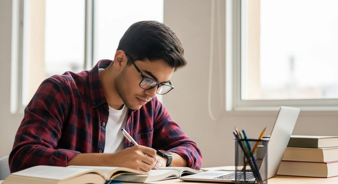 Estudiante joven concentrado estudiando para el Examen Universidad 2024 Par de CENEVAL con libros y laptop.