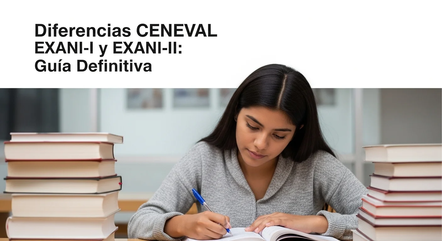 Un estudiante concentrado, rodeado de libros y guías de estudio, preparándose para presentar su examen de admisión CENEVAL.