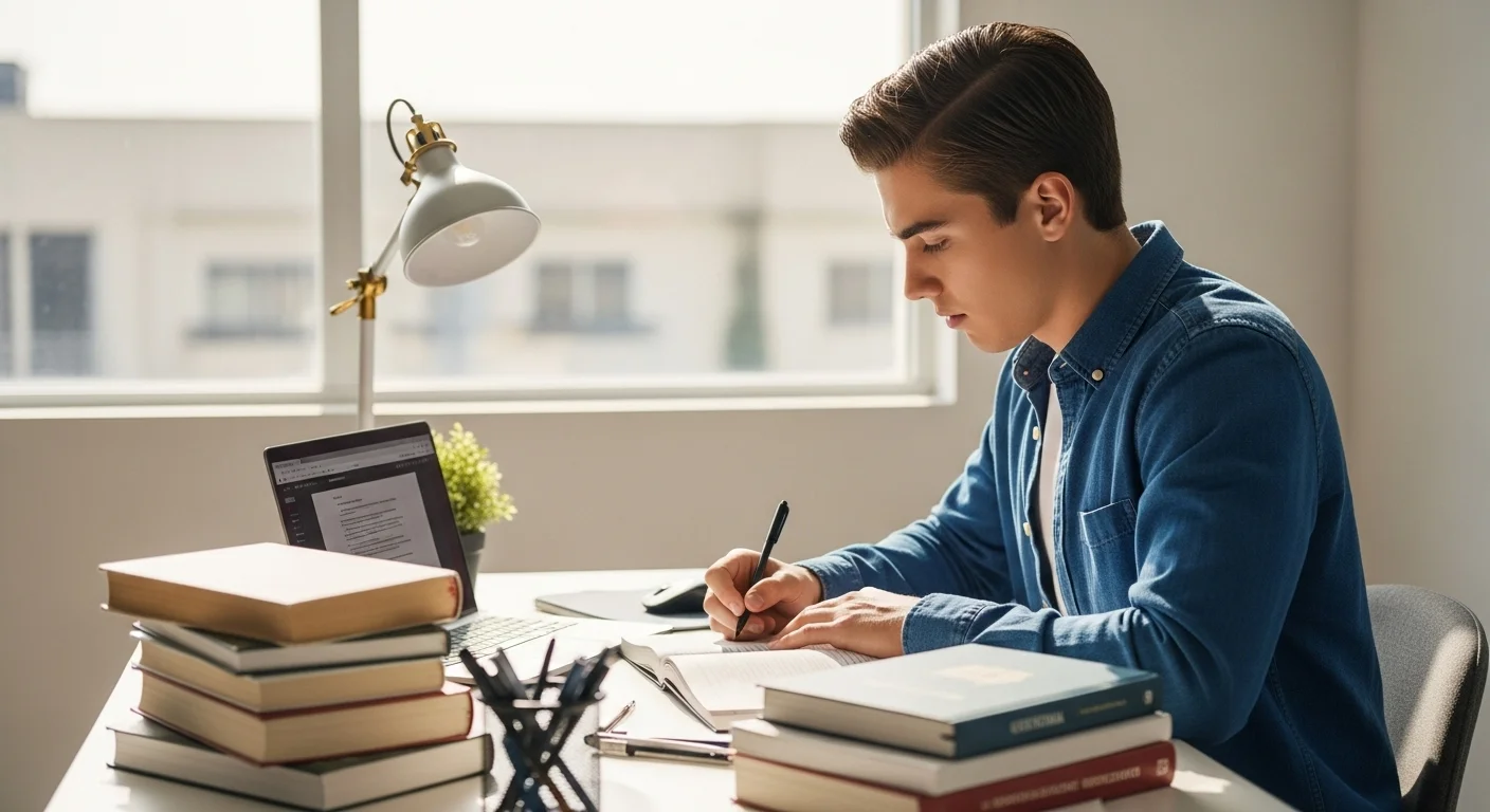 Estudiante en un escritorio con libros y laptop, preparándose para el examen de preparatoria por Ceneval.