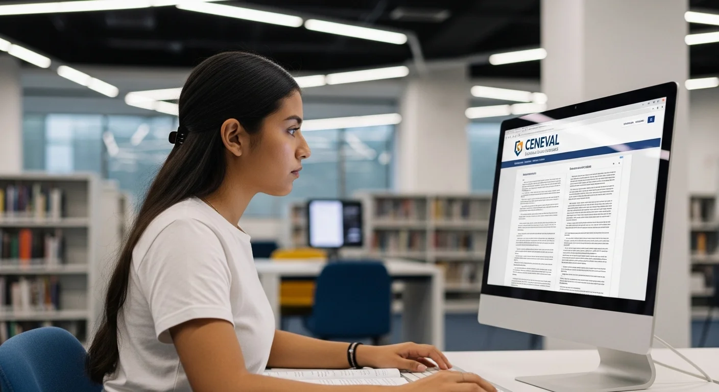 Una estudiante concentrada responde su examen de admisión 2024 del CENEVAL en una computadora, representando la preparación para la UAC, Normal y Tecnológico.
