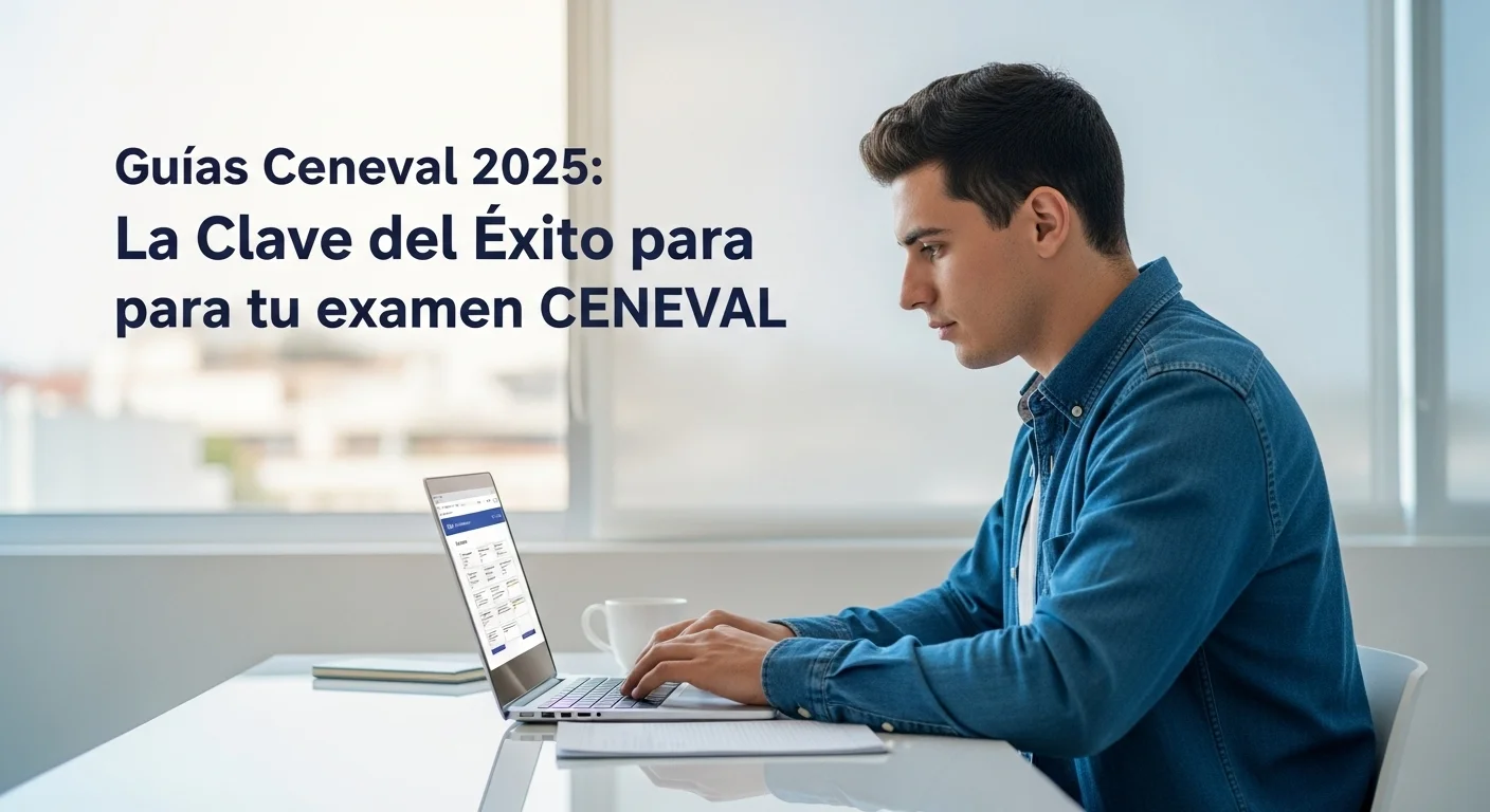 Un joven utilizando las guías interactivas Ceneval en su computadora, practicando con un simulador de examen.