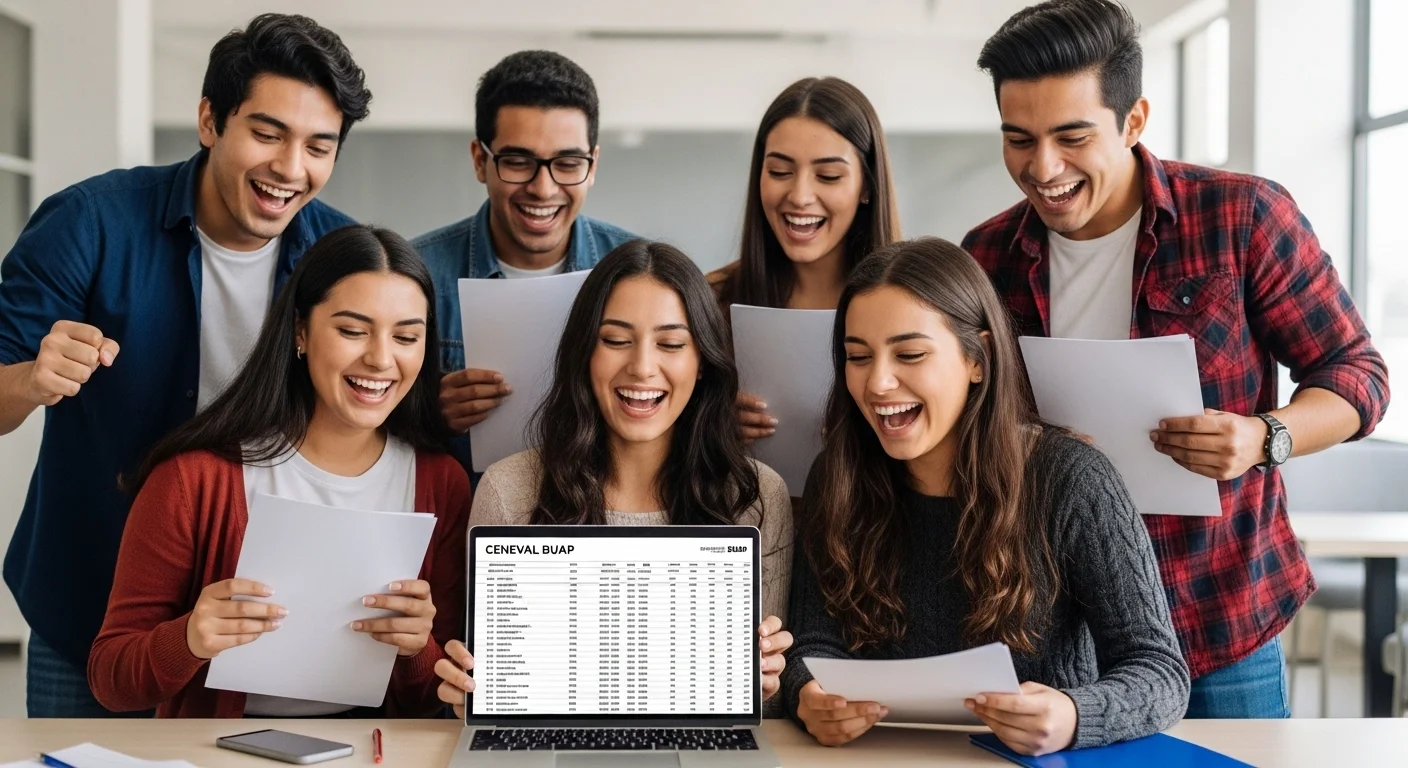 Grupo de jóvenes celebrando al ver los resultados de admisión de la BUAP en una laptop, representando el éxito en el proceso ceneval buap.
