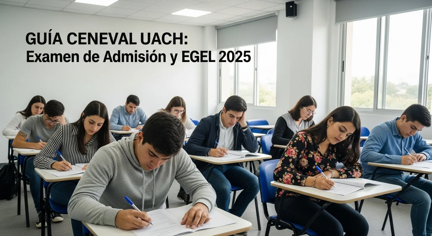 Grupo de estudiantes concentrados presentando el examen de admisión CENEVAL en un aula de la UACH.